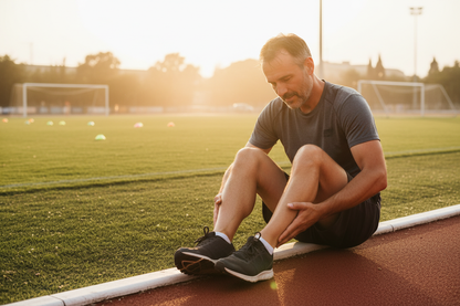 男性運動後揉膝蓋，強調膝關節保養需求｜Mann massiert Knie nach Sport – Gelenkpflege nach Training