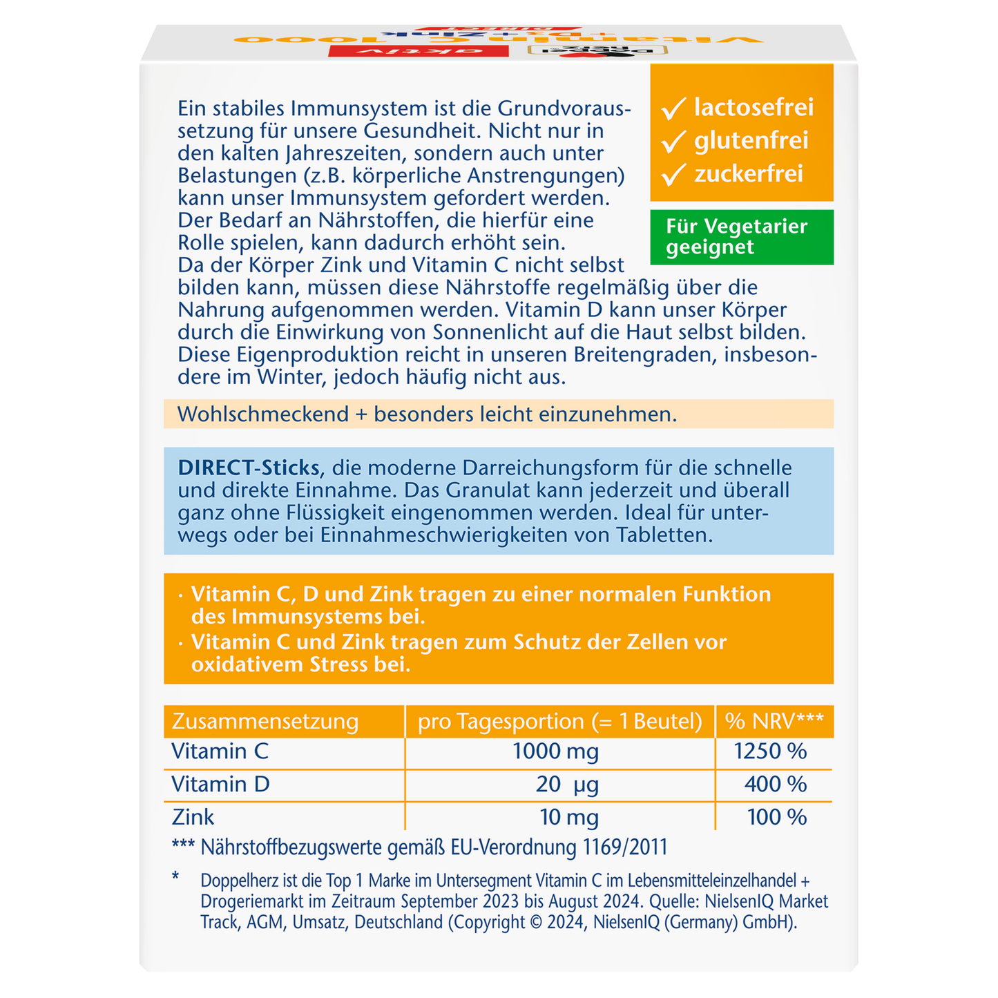 Doppelherz aktiv Vitamin C 1000 DIRECT + D3 + Zinc 20 Portion Sachets