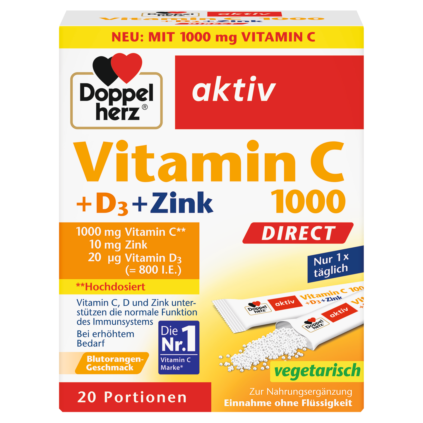 Doppelherz aktiv Vitamin C 1000 DIRECT + D3 + Zinc 20 Portion Sachets