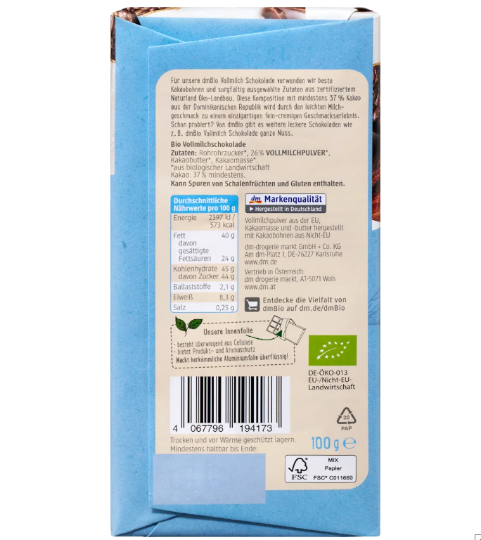 dmBio Schokolade, Vollmilch, 100 g