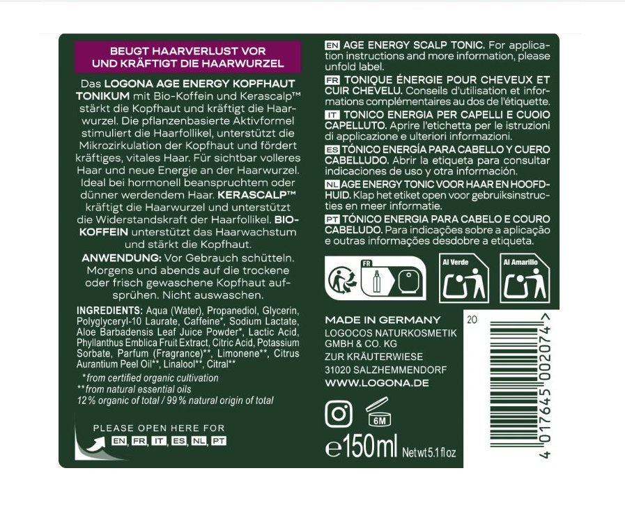 LOGONA Age Energy Scalp Tonic 150 ml – Kerascalp™ & Organic Caffeine
