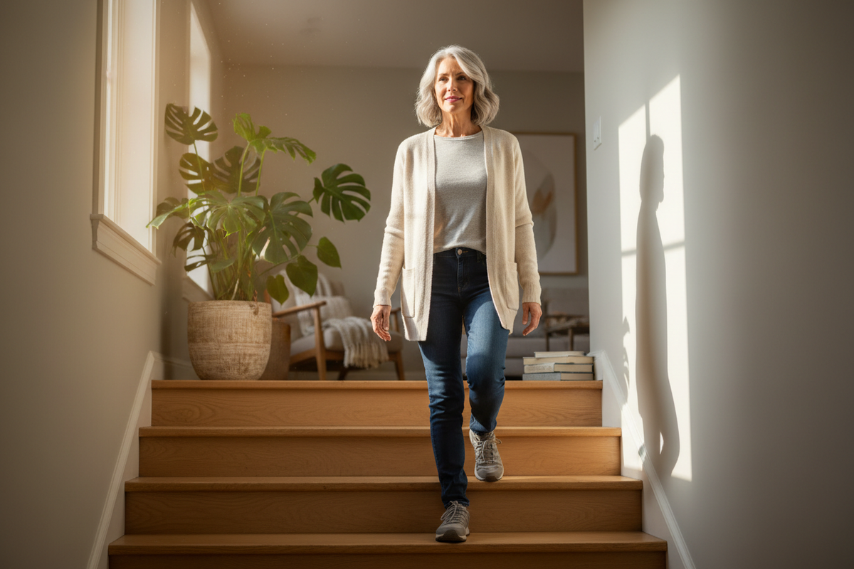 Adult walking up a bright home staircase