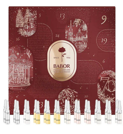 BABOR Adventskalender 2026, Vorderseite zusammen mit allen 24 Ampullen