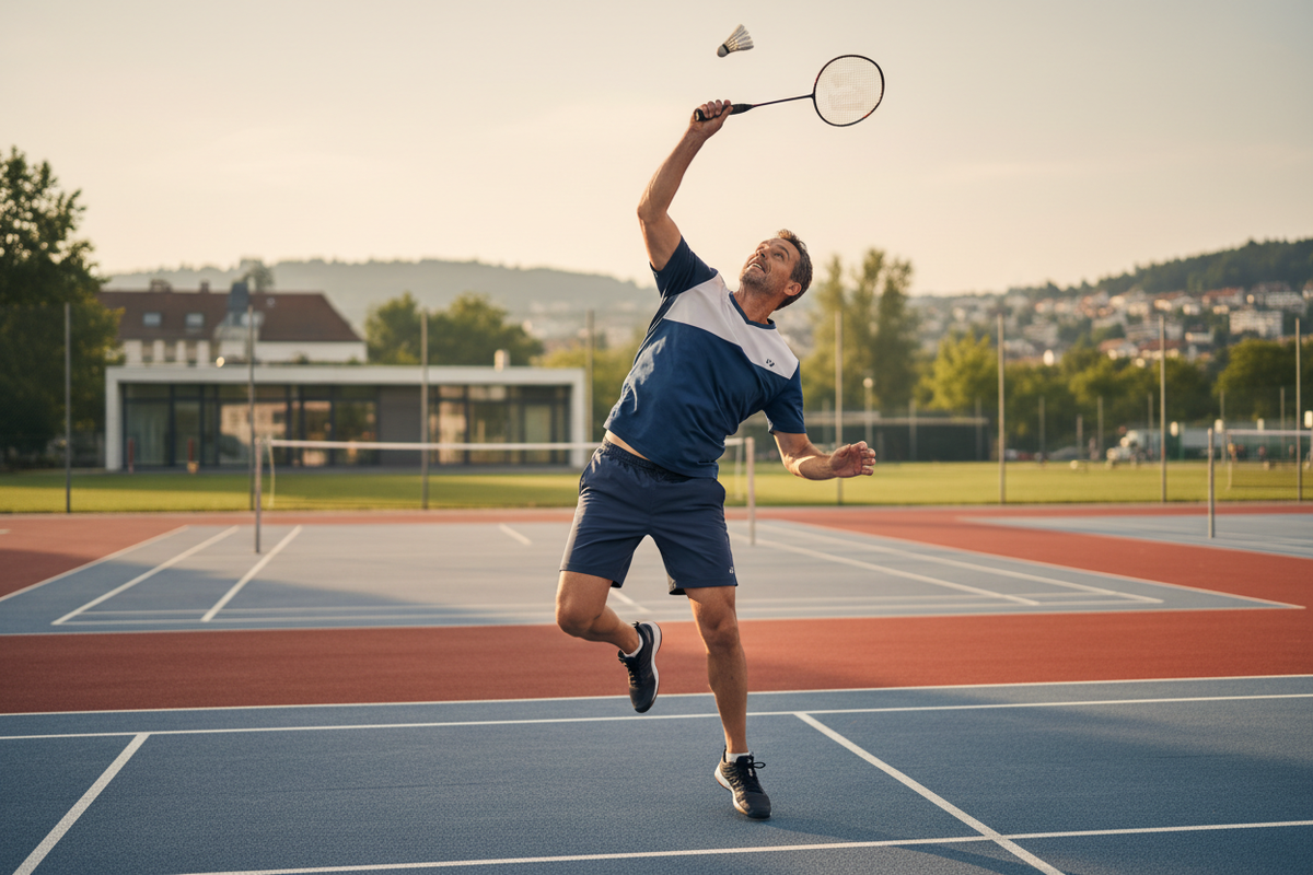 Badminton player captured mid-air on an outdoor court