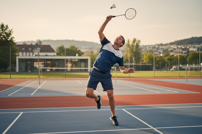 Badminton player captured mid-air on an outdoor court