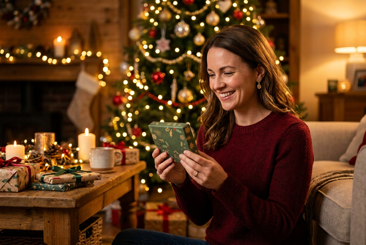 Christmas lifestyle scene refined for an 18 × 12.5 cm hand-sized gift pack