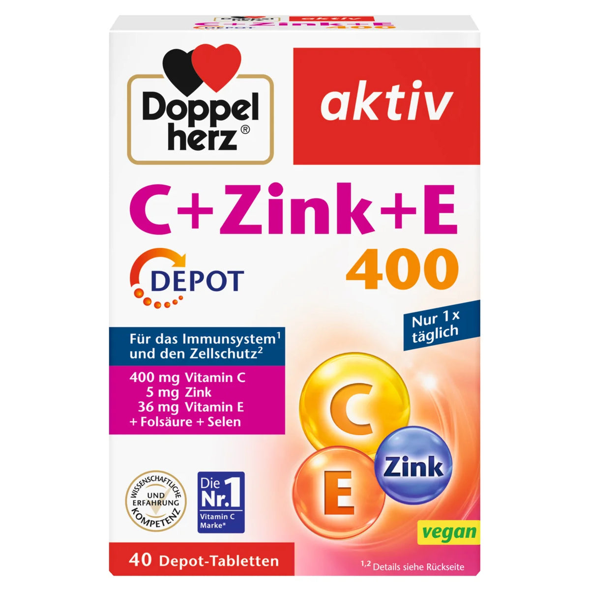 Doppelherz aktiv C + Zink + E 400 DEPOT, 40 Tabletten – Vorderseite der Packung