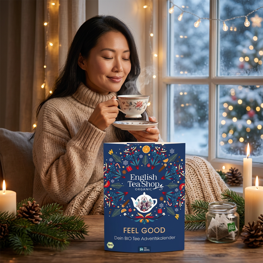 亞洲女性在溫暖聖誕冬夜品茶，桌上展示 ETS Feel Good 茶葉降臨曆