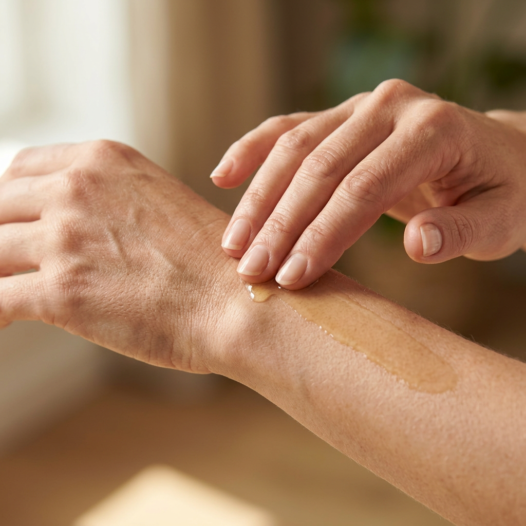 女性手部推開金色按摩油的肌膚微距圖