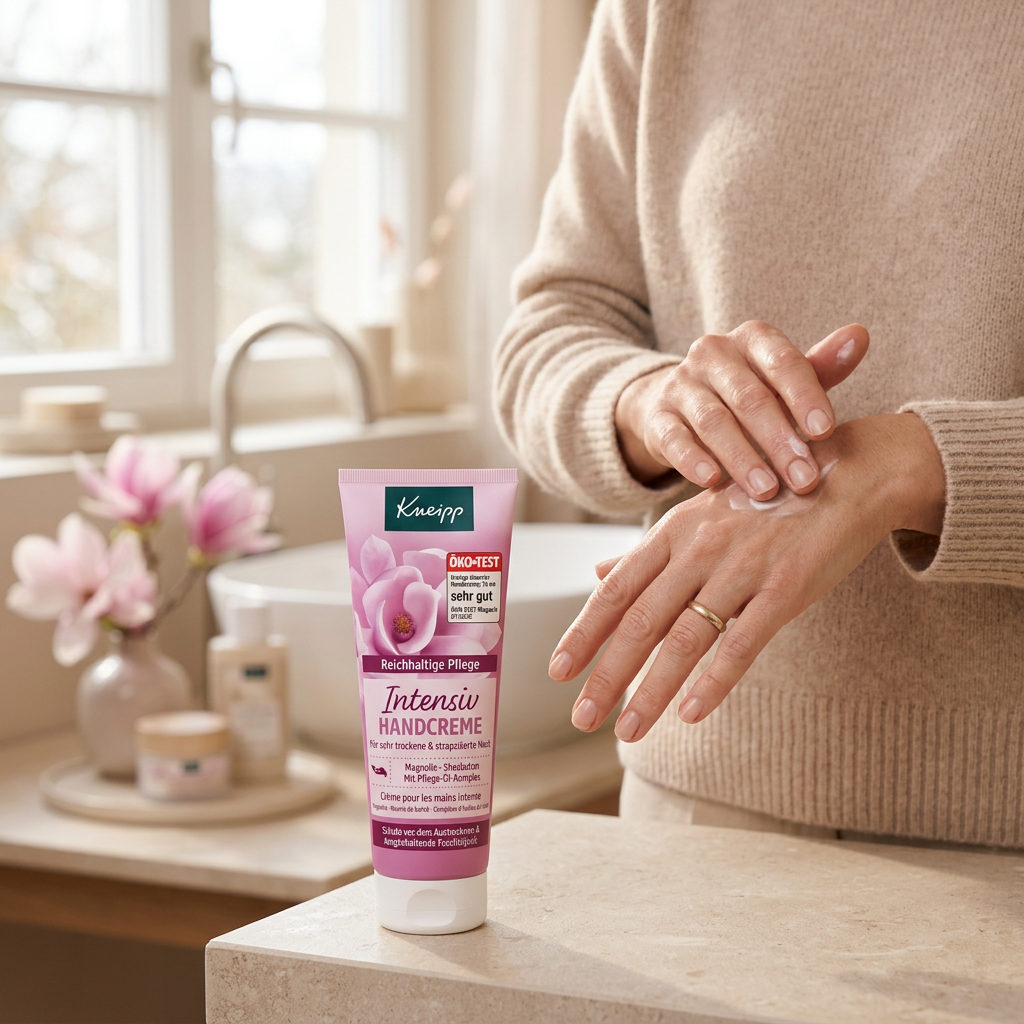 以 Germedi 的 Kneipp 護手霜實際包裝為參考生成冬日居家情境圖