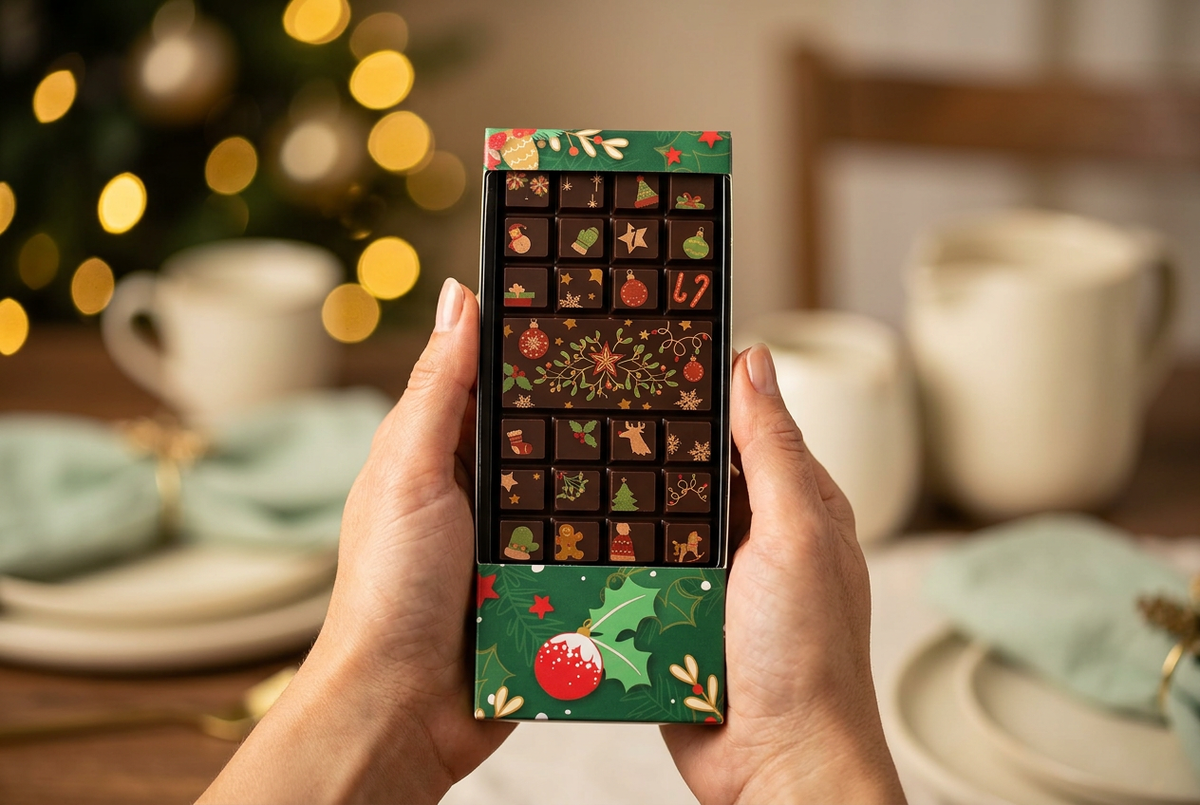 Hand-held chocolate Advent calendar with warm Christmas bokeh