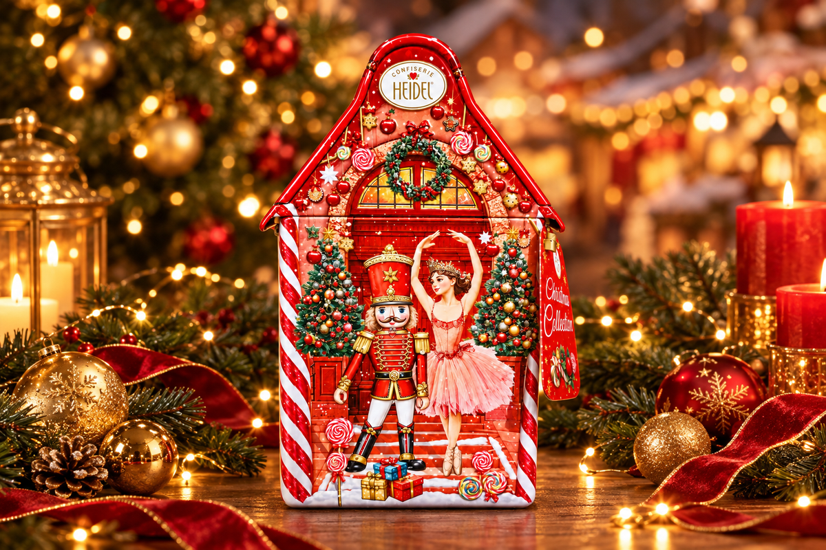 Heidel Weihnachtsmärchen gift tin on a luxury Christmas table