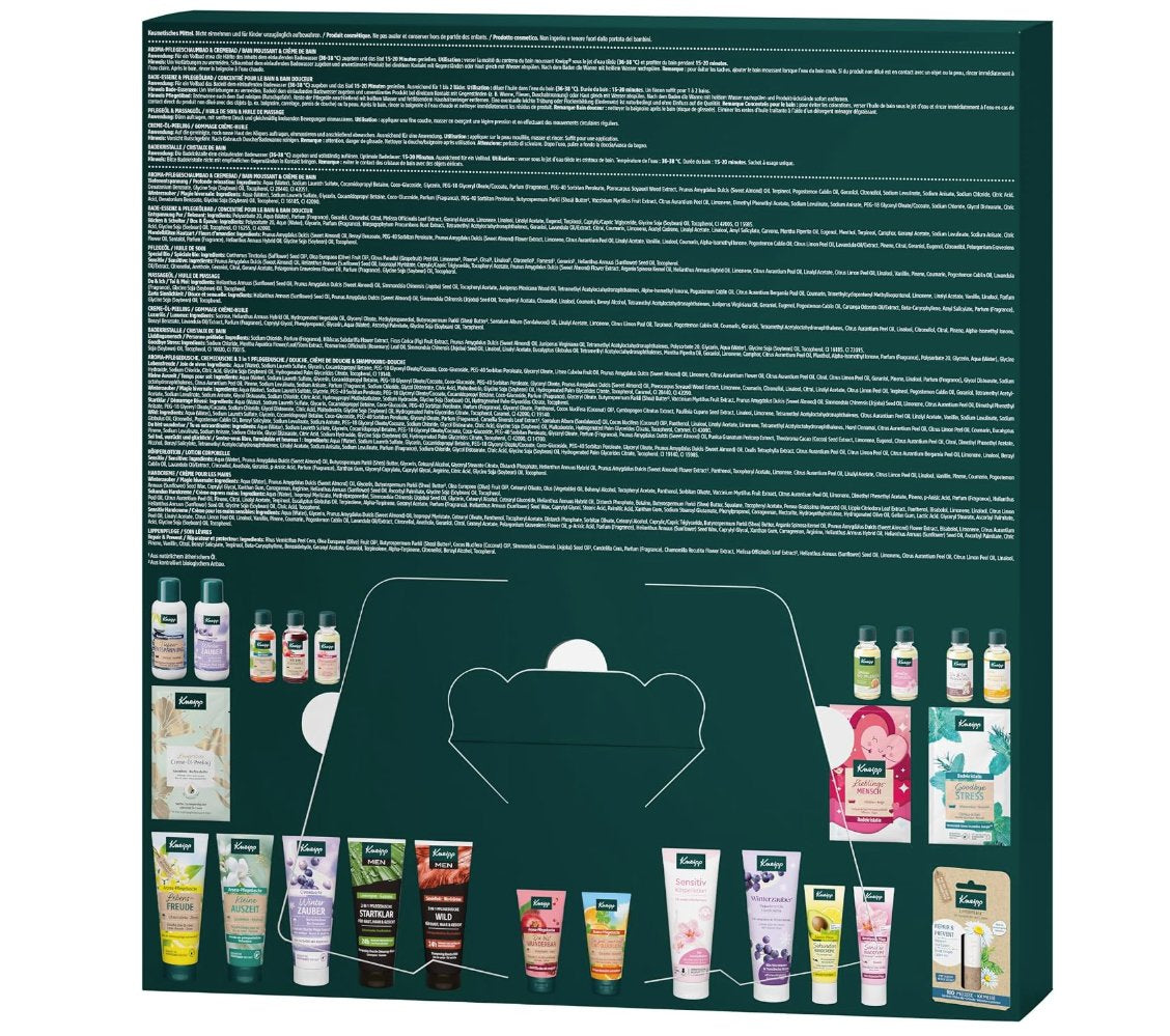 Kneipp Adventskalender 2026, Rückseite der Verpackung mit Produktangaben