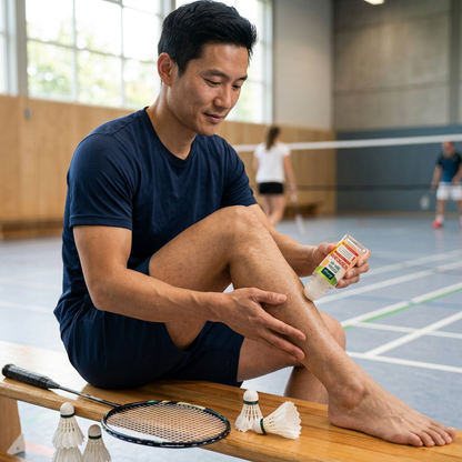 亞洲男性羽球選手訓練後在球場旁使用 Kneipp Arnika 滾珠瓶按摩小腿