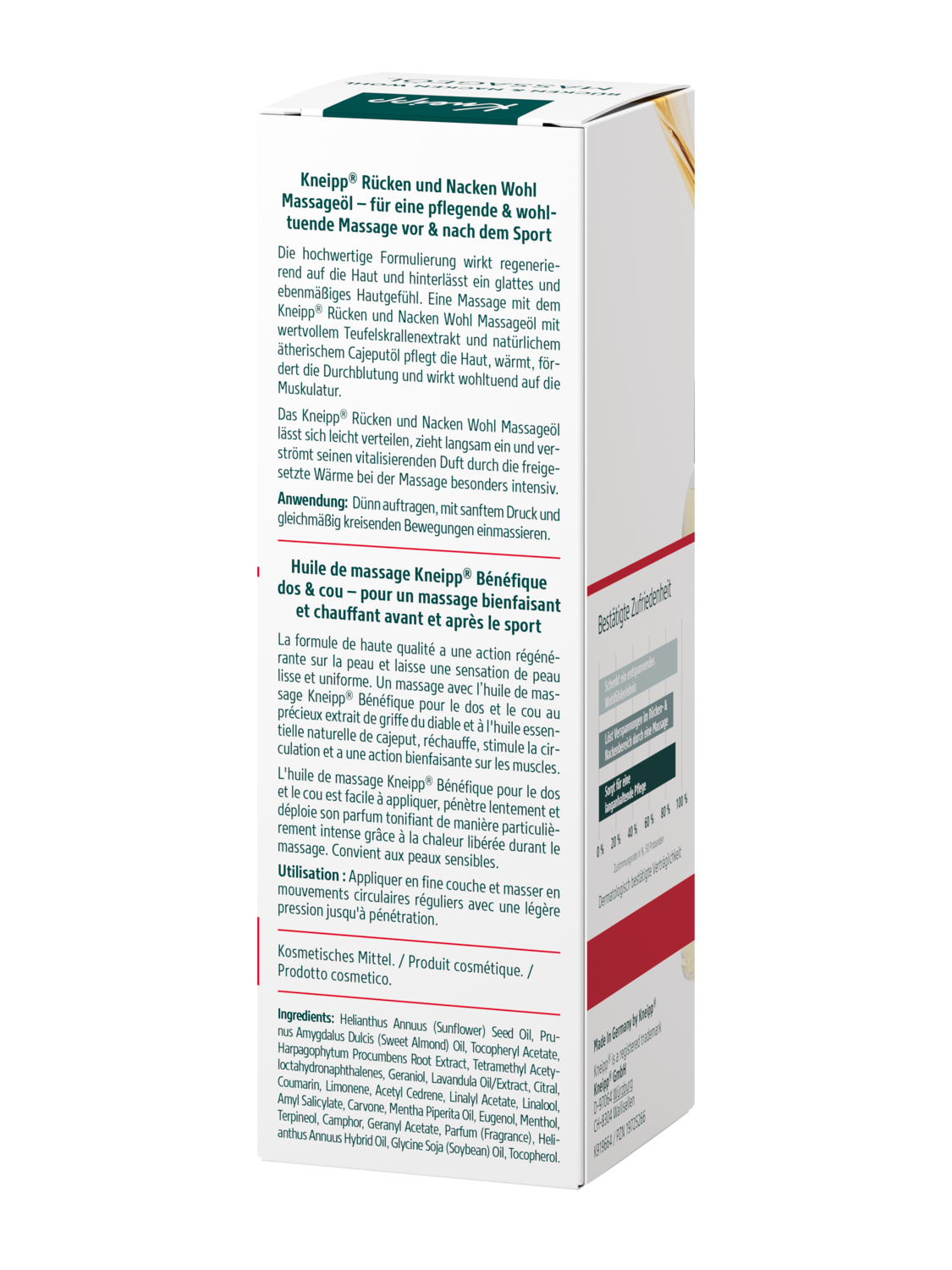 Kneipp Rücken + Nacken Wohl Massageöl 100 ml, Rückseite der Flasche mit Etikett