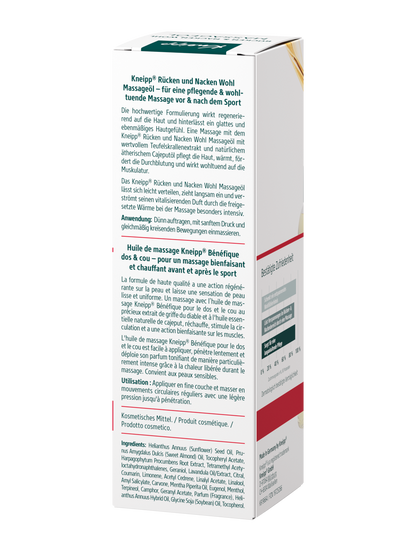 Kneipp Rücken + Nacken Wohl Massageöl 100 ml, Rückseite der Flasche mit Etikett