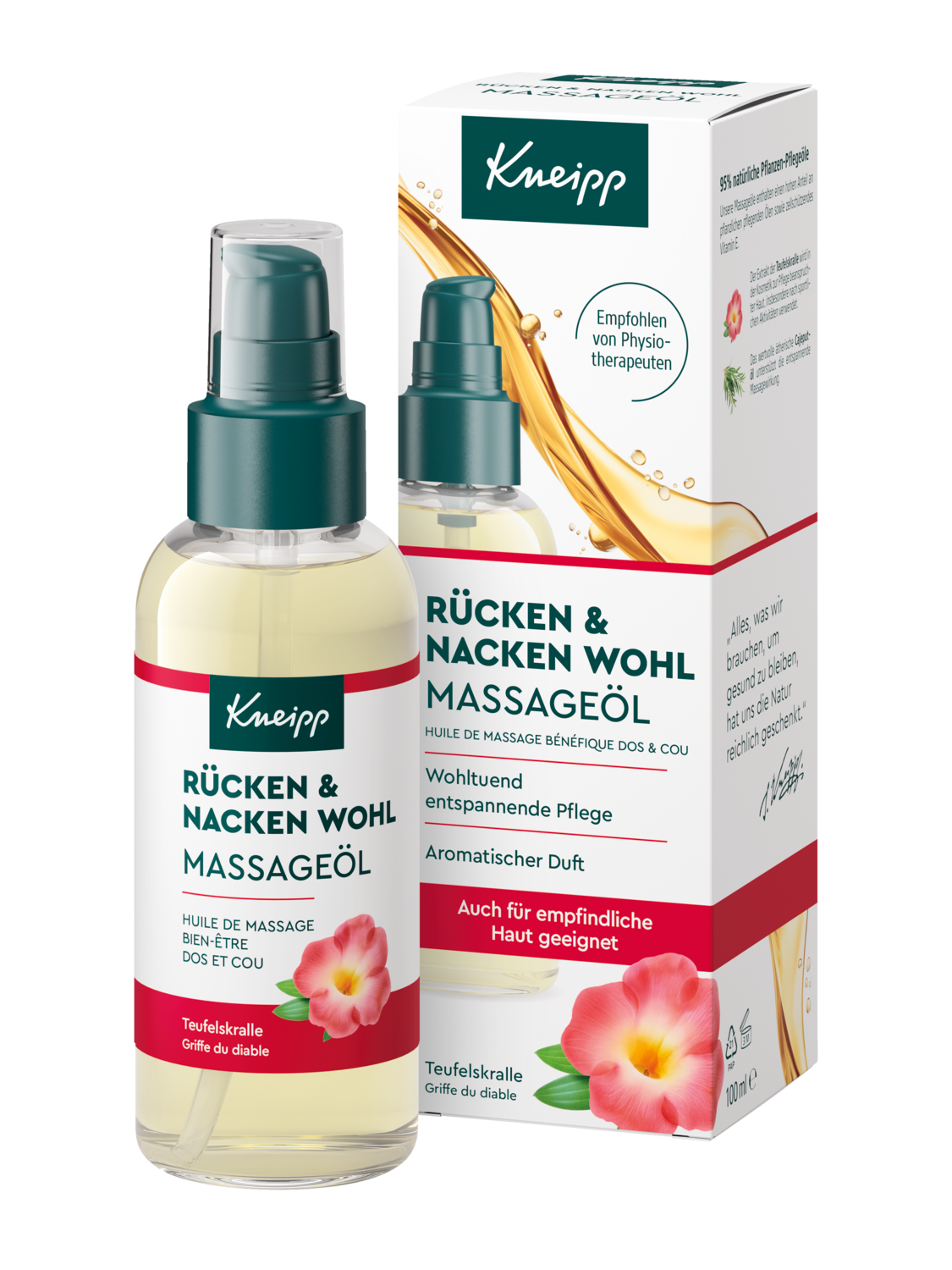 Kneipp Rücken + Nacken Wohl Massageöl 100 ml, Vorderseite der Flasche