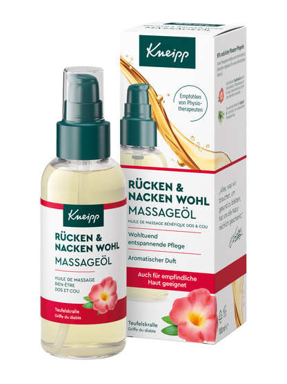 Kneipp Rücken + Nacken Wohl Massageöl 100 ml, Vorderseite der Flasche