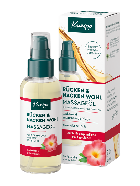Kneipp Rücken + Nacken Wohl Massageöl 100 ml, Vorderseite der Flasche