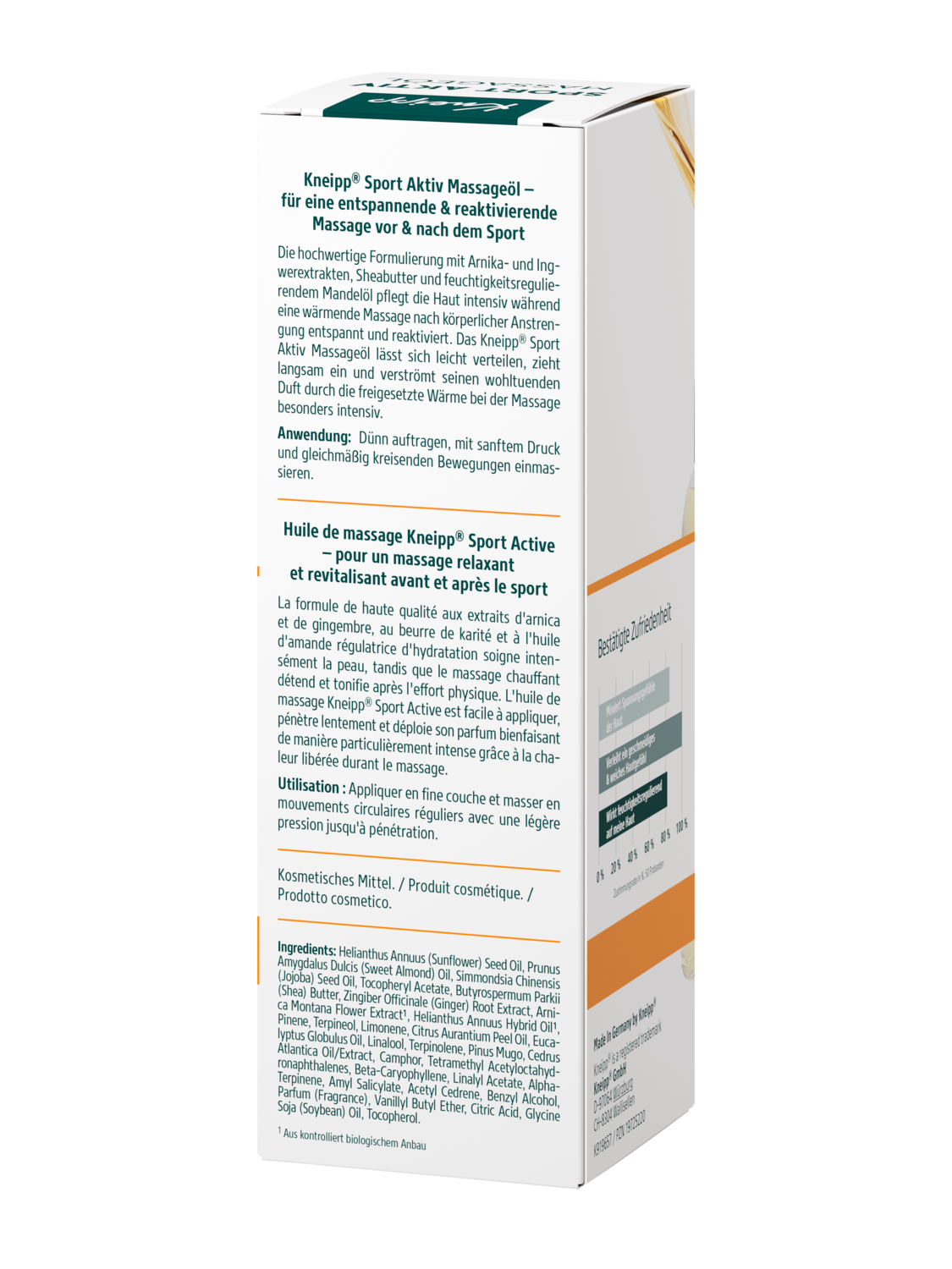 Kneipp Sport Aktiv Massageöl 100 ml, Rückseite der Flasche mit Etikett