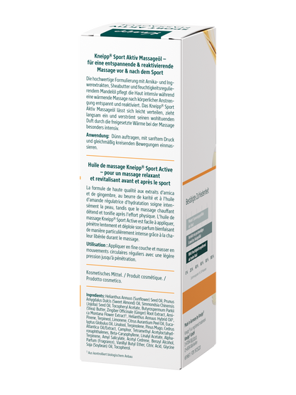Kneipp Sport Aktiv Massageöl 100 ml, Rückseite der Flasche mit Etikett