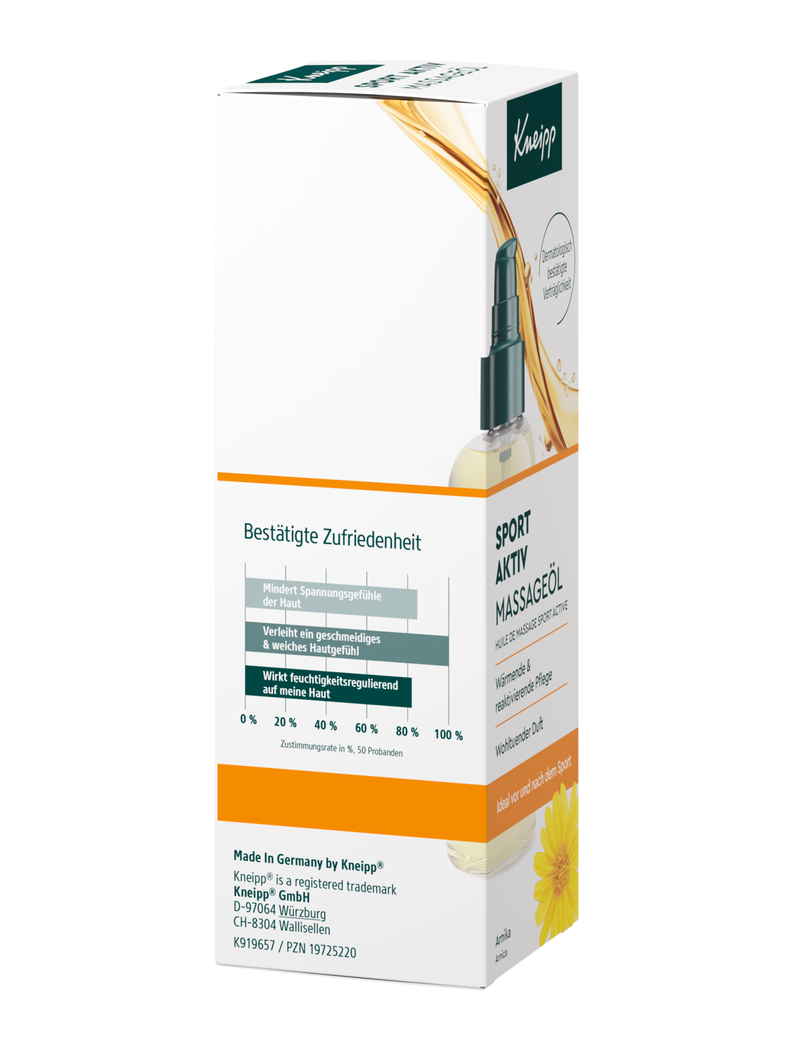 Kneipp Sport Aktiv Massageöl 100 ml, rechte Seitenansicht der Flasche