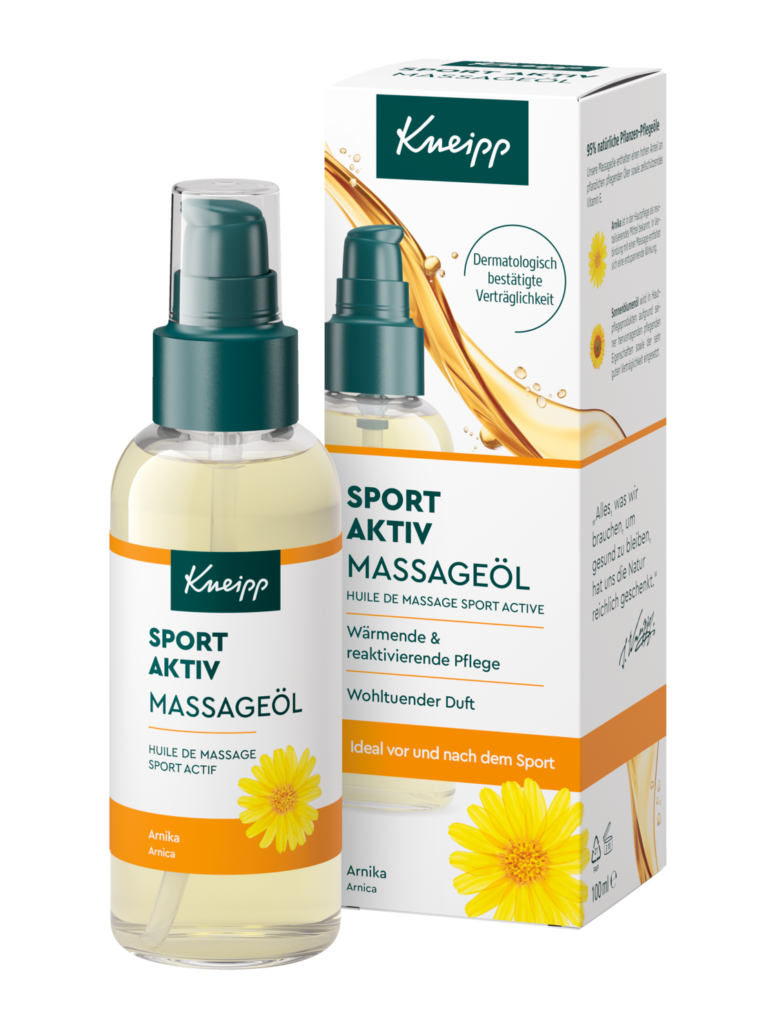 Kneipp Sport Aktiv Massageöl 100 ml, Vorderseite der Flasche