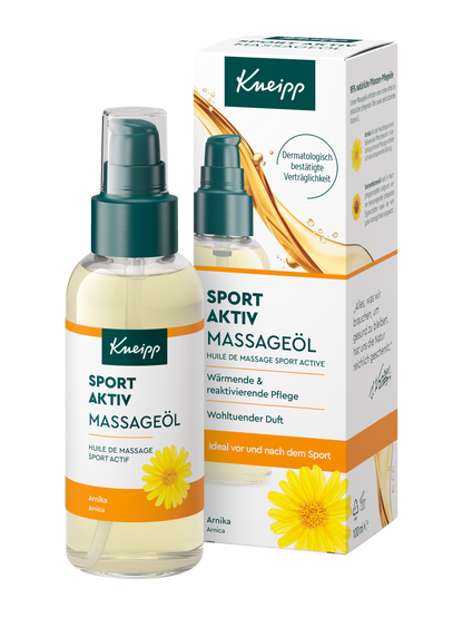 Kneipp Sport Aktiv Massageöl 100 ml, Vorderseite der Flasche