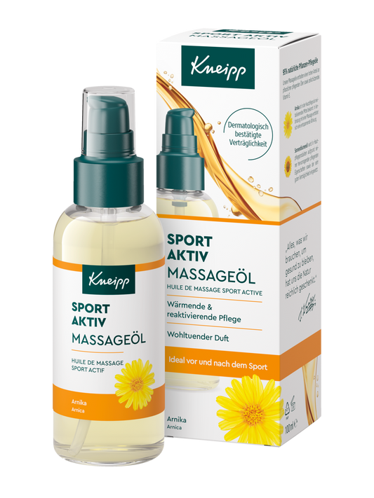Kneipp Sport Aktiv Massageöl 100 ml, Vorderseite der Flasche