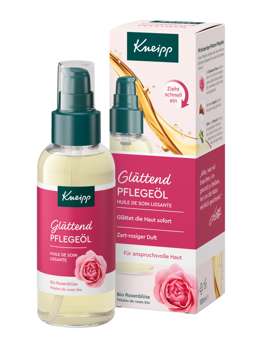 Kneipp Glättend Pflegeöl 100 ml, Vorderseite der Flasche