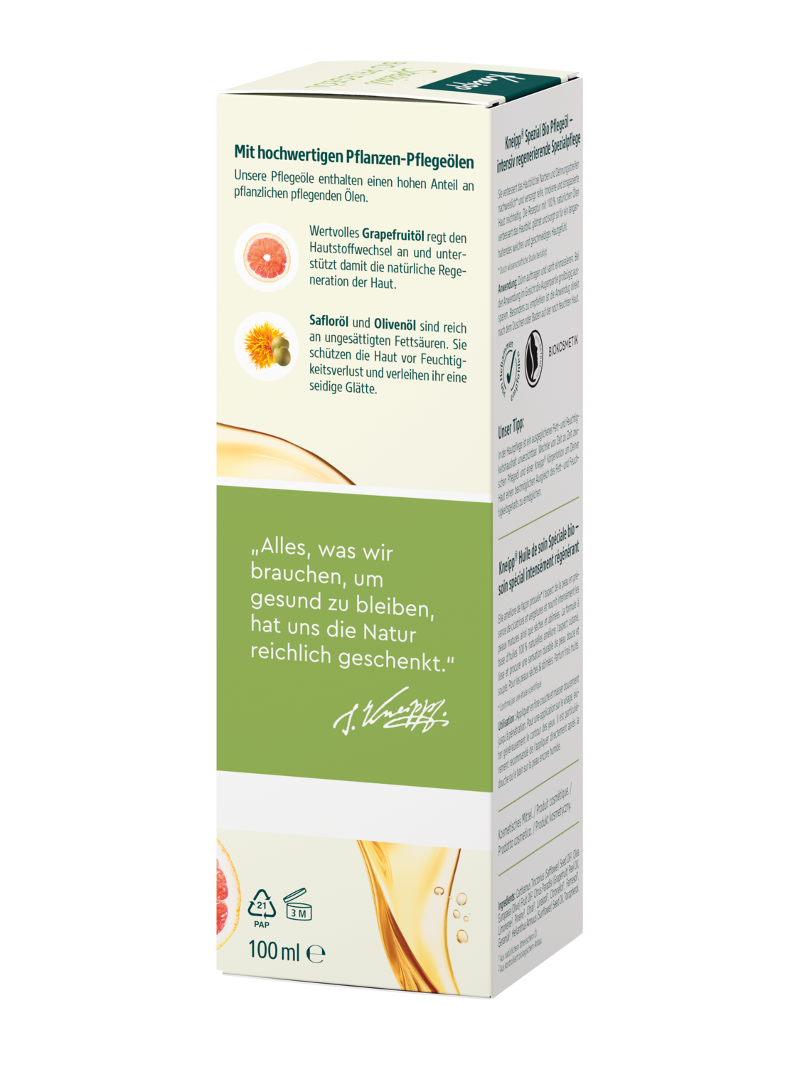Kneipp Spezial Bio Pflegeöl 100 ml, linke Seitenansicht der Flasche