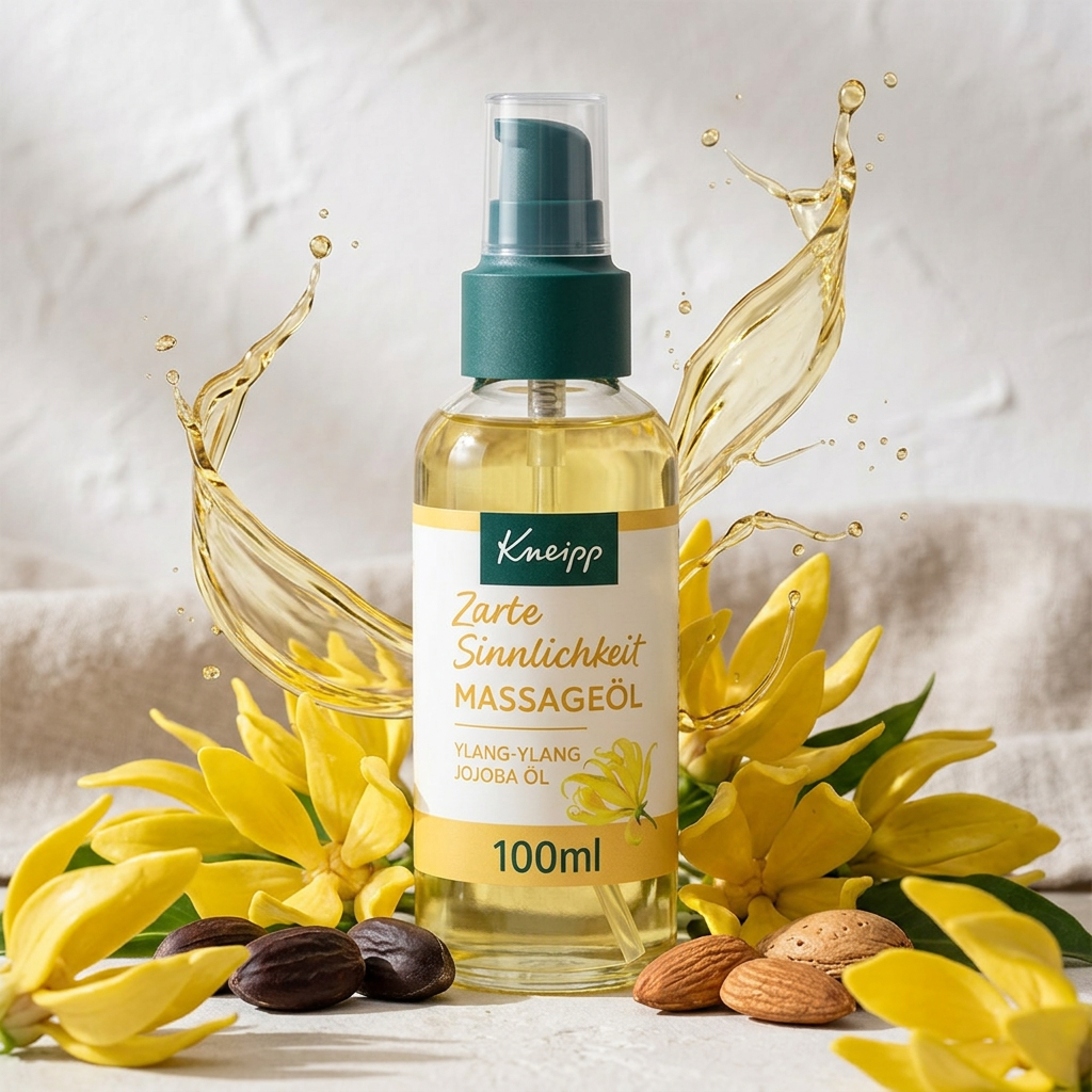 Kneipp 按摩油植物系商品特寫，搭配依蘭花、荷荷芭種子、甜杏仁與金色油液