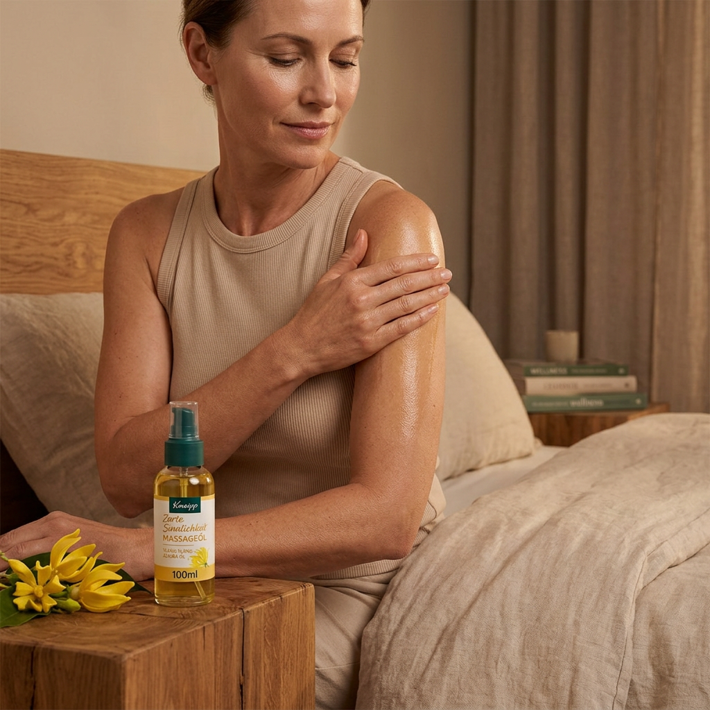 女性晚間肩臂保養與 Kneipp 按摩油的溫暖臥室情境