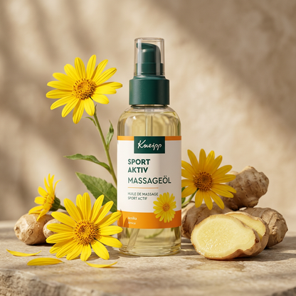 Kneipp 按摩油與山金車花、新鮮薑根成分情境圖