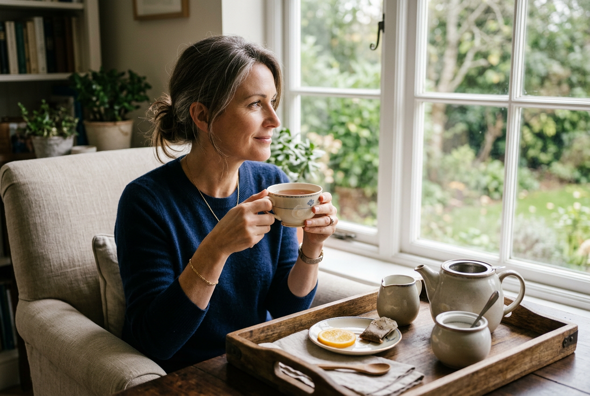 Relaxing Earl Grey tea moment with a woman near a window