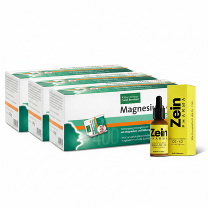 Knochen- & Vitalitäts-Set | 3 x Sanct Bernhard Magnesium 400 Direkt + 1 x ZeinPharma Vitamin D3+K2 Familientropfen