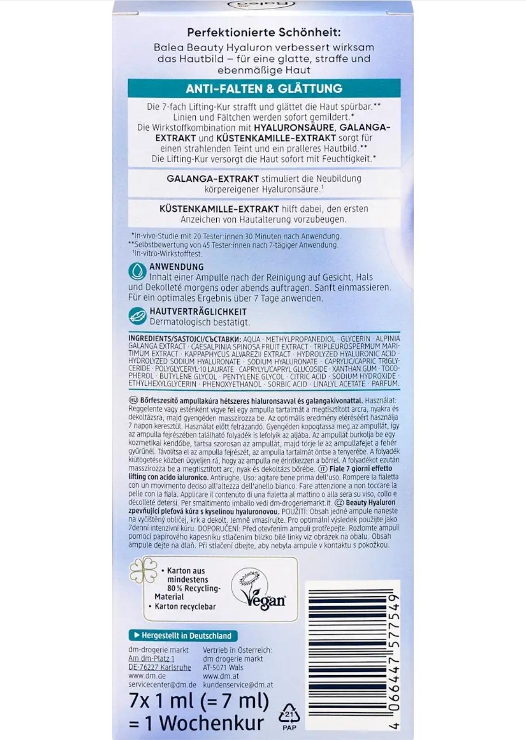 Balea Ampoules Beauty 透明質酸提升護理 (7x1 毫升)，7 毫升