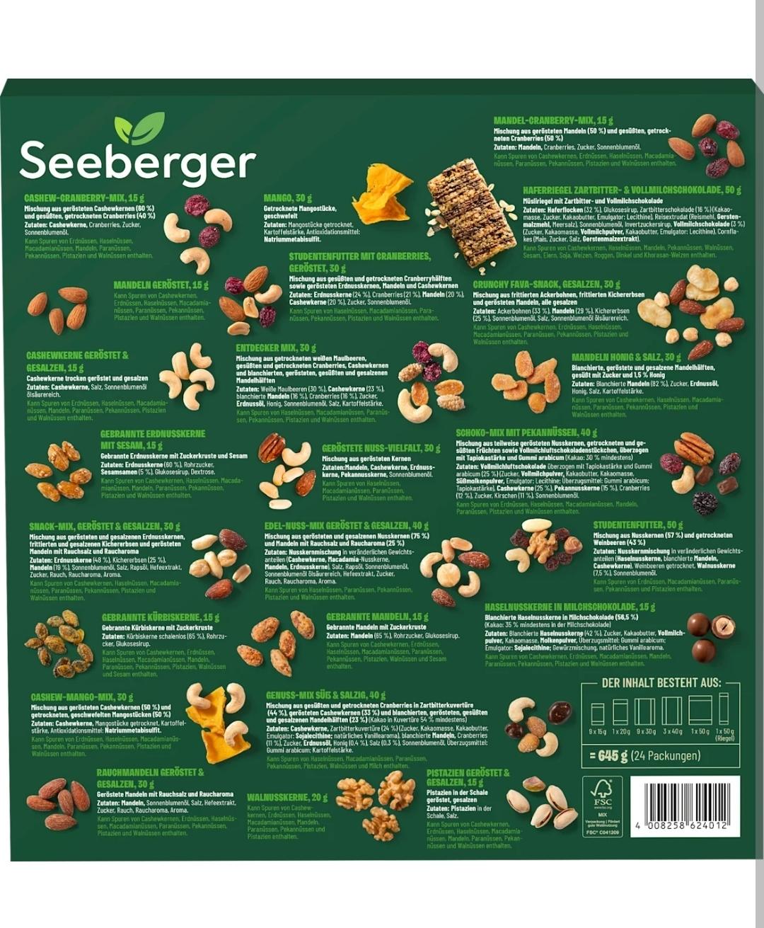 Seeberger Adventskalender 2025 - 24 geNUSSvolle Snacks, 645 g