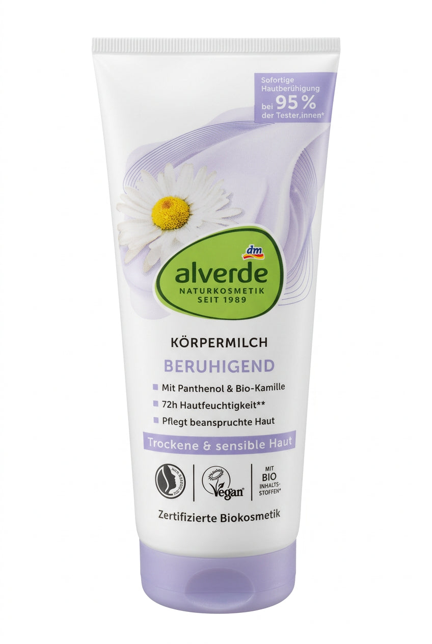 alverde Körpermilch Beruhigend mit Panthenol & Bio-Kamille, Bodylotion für trockene & sensible Haut, 200 ml