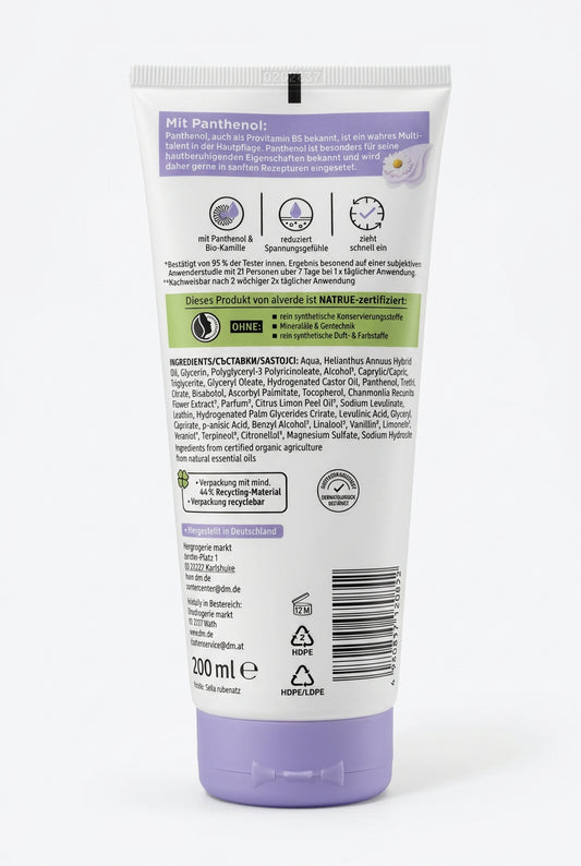 alverde Körpermilch Beruhigend mit Panthenol & Bio-Kamille, Bodylotion für trockene & sensible Haut, 200 ml