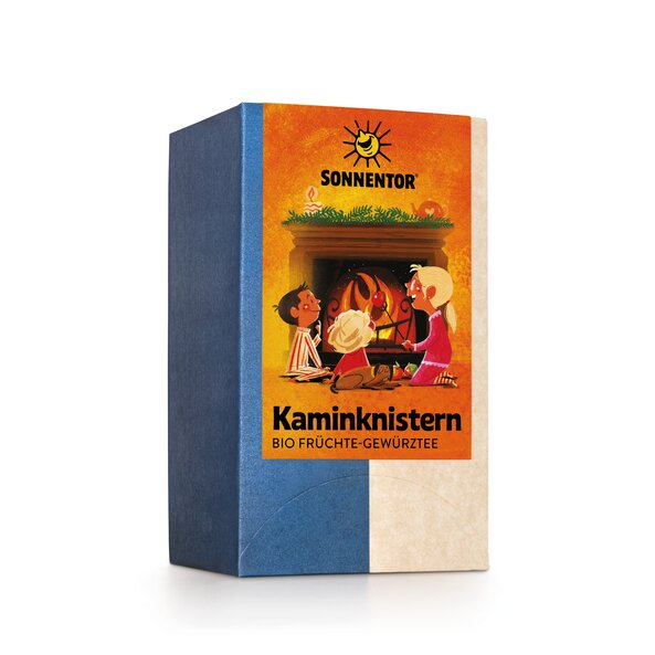 SONNENTOR Kaminknistern Früchtetee bio, Vorderseite der Packung mit 18 Doppelkammerbeuteln
