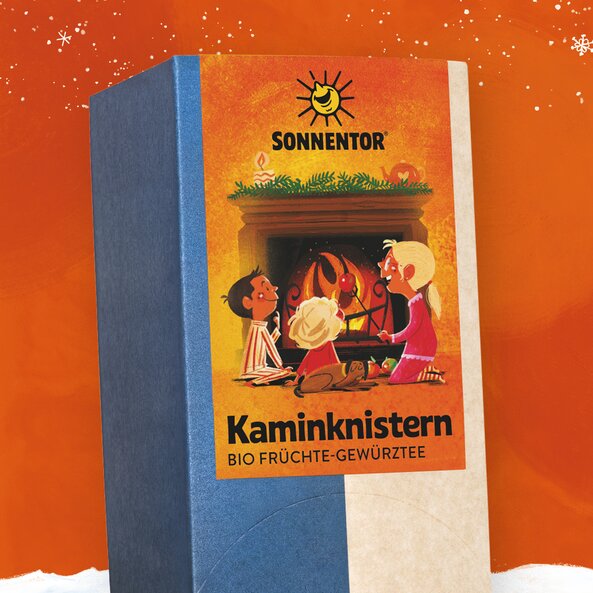 SONNENTOR Kaminknistern Früchtetee, Packung in winterlicher Szene