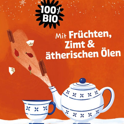 SONNENTOR Kaminknistern Früchtetee, Teetasse mit Zutaten der Mischung