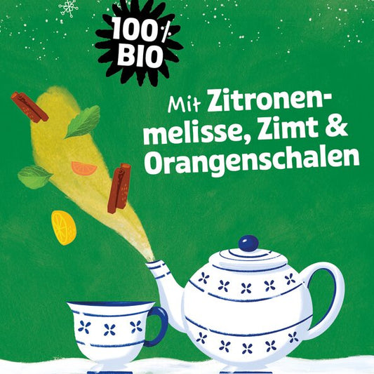 SONNENTOR Lichterglanz Kräutertee, Teetasse mit Zutaten der Mischung
