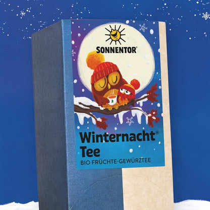 SONNENTOR Winternacht Früchtetee bio, Packung mit Eulenillustration