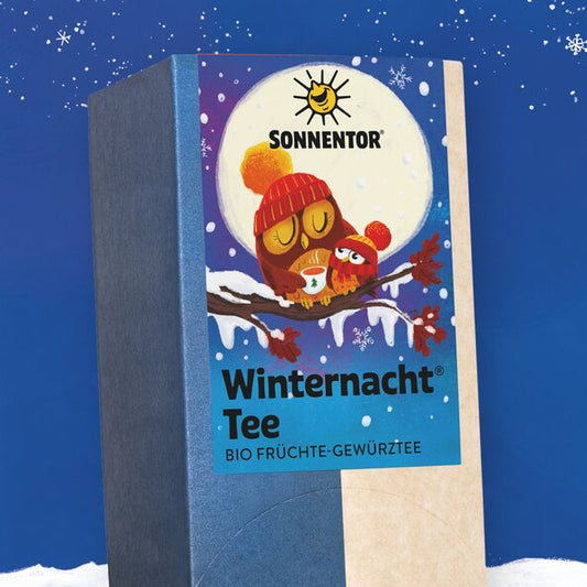 SONNENTOR Winternacht Früchtetee bio, Packung mit Eulenillustration