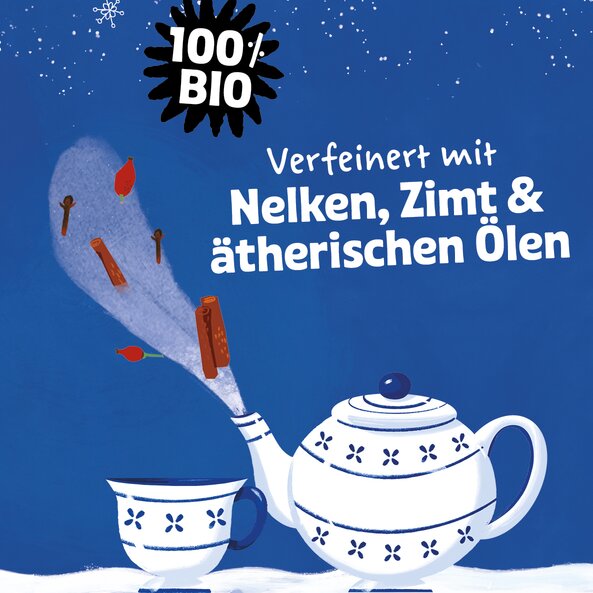 SONNENTOR Winternacht Früchtetee, Teekanne und Tasse mit Zutaten wie Nelken und Zimt