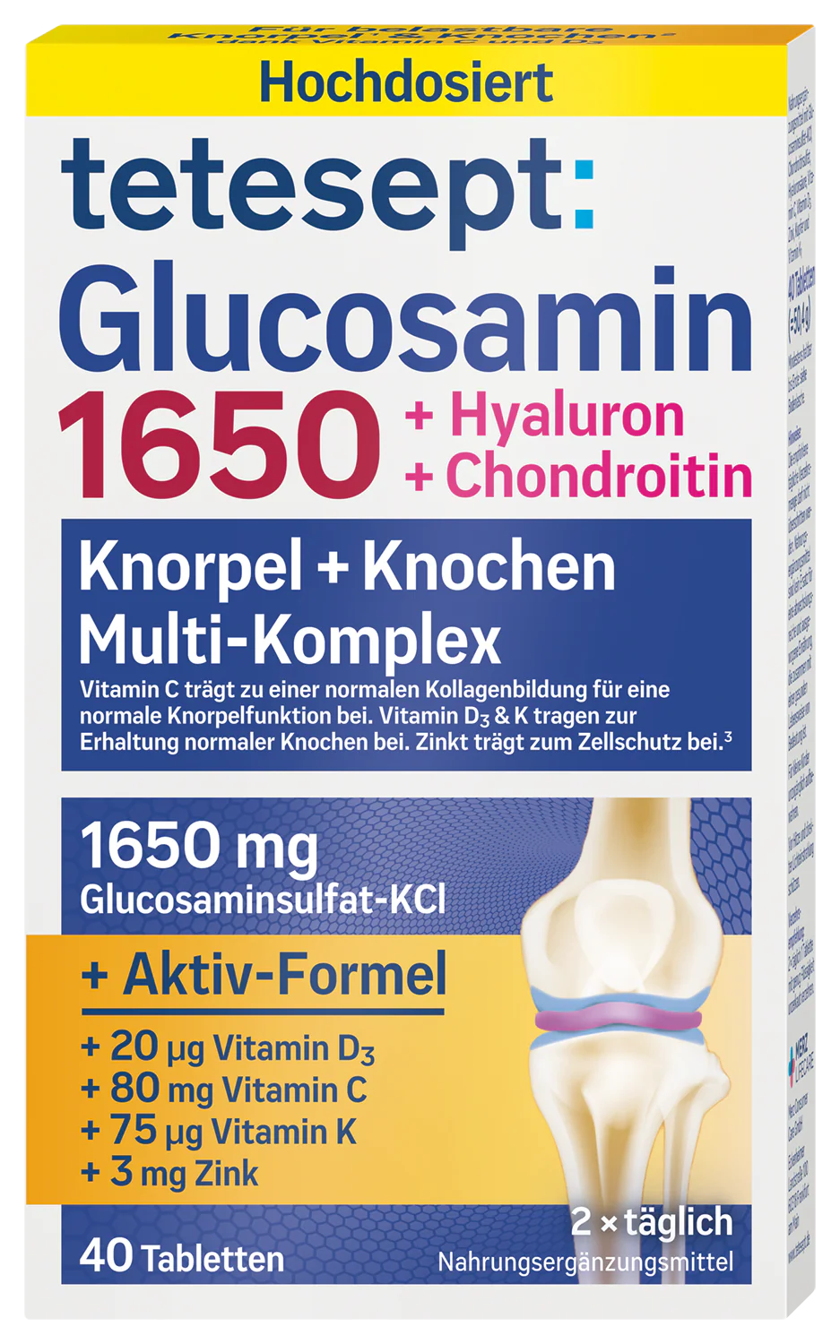 tetesept Glucosamin 1650, 40 Stück– Multi-Komplex mit Hyaluron, Chondroitin & Vitamin D3